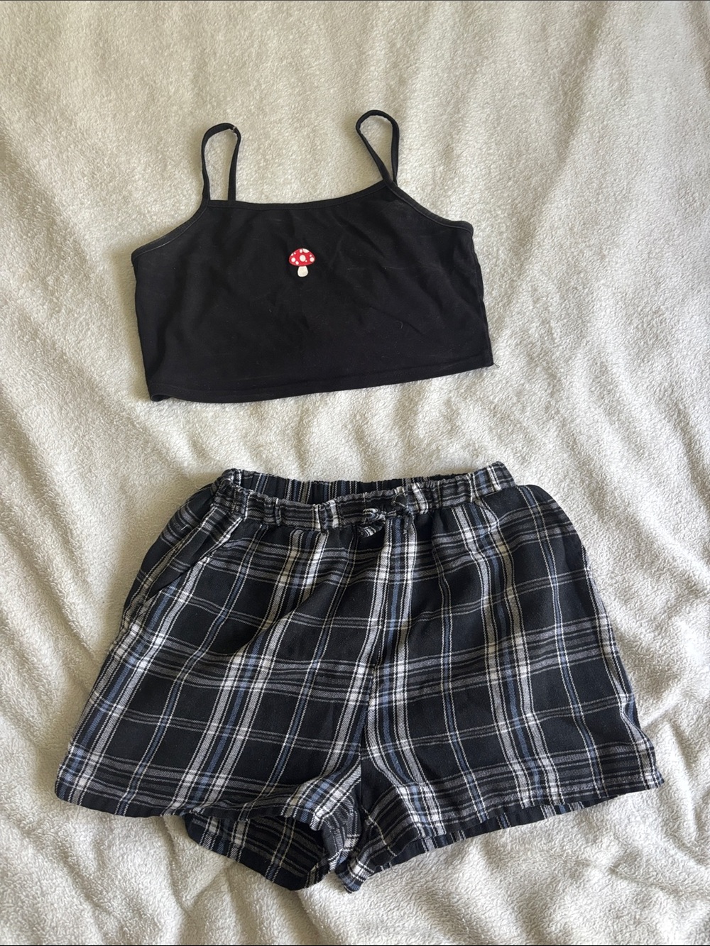 SHEIN Black and White Plaid Shorts with mushroom crop top tank top